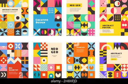Neo geo geometry. Poster design with abstract style geometry colored shapes triangles oval circles squares recent vector templates Stock Vector