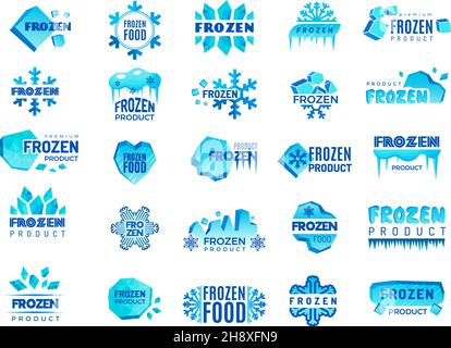 Frozen product logo. Snow and winter snowflakes from ice stylized symbols for logo design cold food temperatures recent vector templates collection Stock Vector