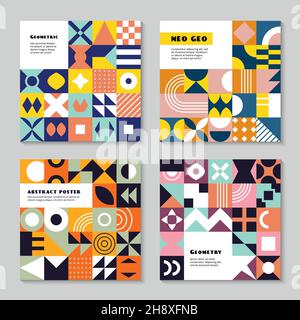 Geometrical forms. Neo geo style abstract geometric colored shapes triangles squares circles recent vector poster design Stock Vector