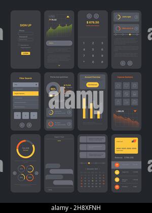 Dark theme ui kit. Digital modern interface app pages templates with various icons symbols frames preview search bars dividers and sliders garish Stock Vector