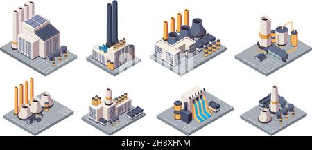 Industrial plants. Isometric factory buildings with tubes energy production business warehouses garish vector plants Stock Vector