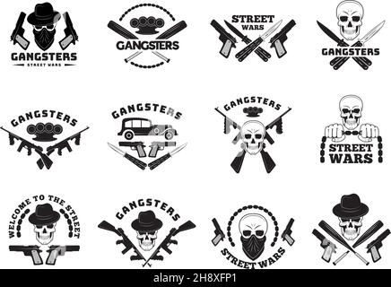 Bandits labels. Mafia stylized monochrome badges hooligans recent vector symbols collection set Stock Vector