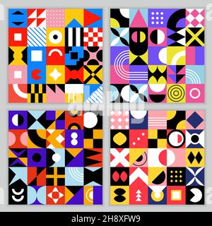 Neo geo pattern. Seamless background with geometrical shapes vintage colored squares circles triangles recent vector abstract neo geo templates Stock Vector