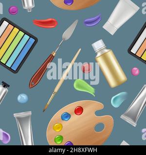 Painter tools pattern. Materials for artists brushes colored oil pallets pencils tubes for paintings textile design project templates decent vector Stock Vector