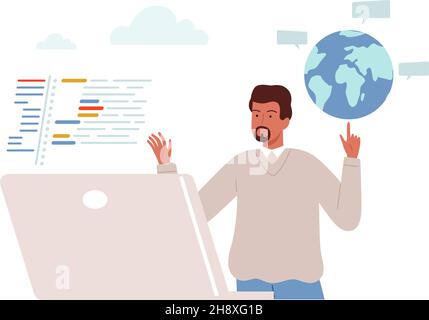 Worldwide communication. Man work, programmer or developer characters. Boy chatting on giant laptop vector concept Stock Vector