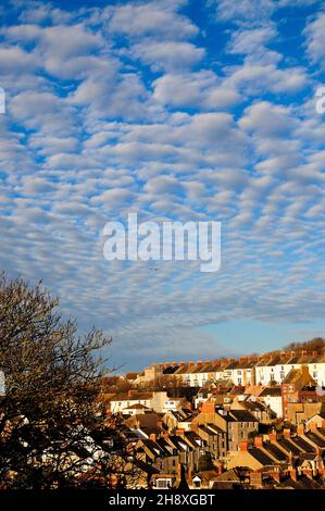 Portland. 2nd December 2021. UK Weather. A striking 'mackerel sky' over the Isle of Portland suggesting changeable weather. ' Mackerel sky, mackerel sky . never long wet, never long dry ' as the old rhyme reminds us. Credit: stuart fretwell/Alamy Live News Stock Photo