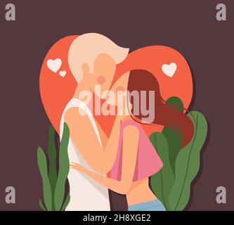Couple kiss. Love dating, man kissed woman on red heart background. Summer loving vector card Stock Vector