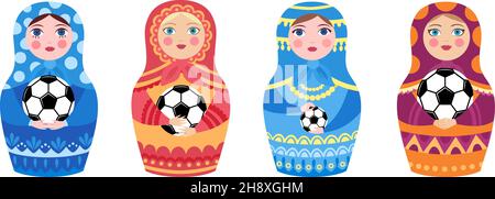 Russian doll and football ball. Matryoshka hold balls, welcome to Russia. Flat soccer game decorative elements vector set Stock Vector