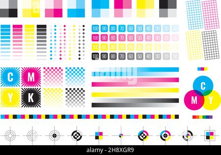 Cmyk marks. Colorful bars for color divices calibration printing house paper templates cyan yellow black garish vector illustrations collection Stock Vector