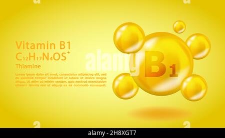 3D Vitamin molecule B1 Thiamine design. Realistic B1 Thiamine Vitamin drop. Yellow nutrition complex illustration. Stock Vector