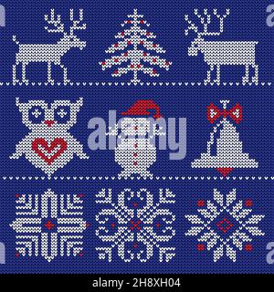 Knitted logo. Sweater sewed symbols fabric icons on clothes snowflakes on woolen cardigan recent vector xmas texturizing logotypes isolated Stock Vector