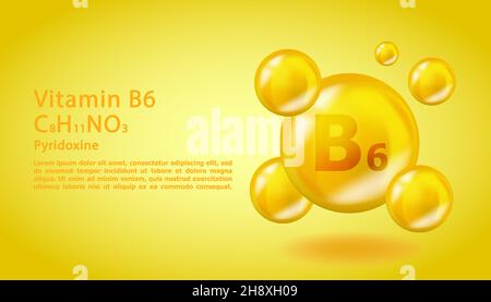 3D Vitamin molecule B6 Pyridoxine design. Realistic B6 Pyridoxine Vitamin drop. Yellow nutrition complex illustration. Stock Vector