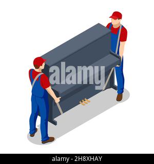 Isometric delivery men in uniform holding piano. Collection delivery service workers isolated on white background. Carrying heavy loads Stock Vector