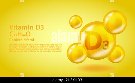 3D Vitamin molecule D3 Cholecalciferol design. Realistic D3 Cholecalciferol Vitamin drop. Yellow nutrition complex illustration. Stock Vector