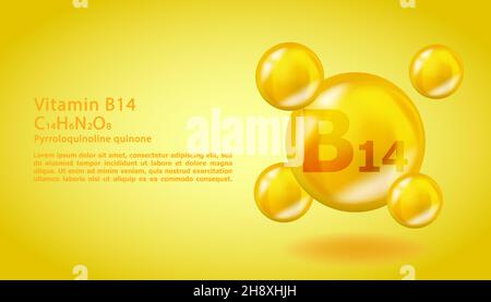 3D Vitamin molecule B14 Pyrroloquinoline quinone design. Realistic B14 Pyrroloquinoline quinone Vitamin drop. Yellow nutrition complex illustration. Stock Vector
