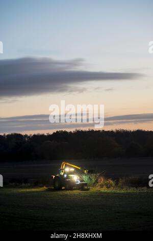 Hedge trimming under floodlights on a Norfolk farm. Late on a winter's afternoon. Stock Photo