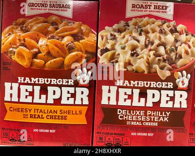 Columbia County, Ga USA - 12 01 21: Boxes of Hamburger Helper on a store shelf Stock Photo