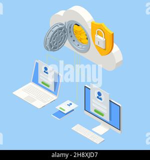 Isometric money from cloud computing, online and secure payment analysis. Blockchain technology, cryptocurrency mining, finance, digital money market Stock Vector