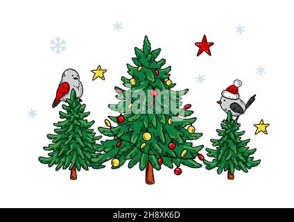 Horizontal Merry Christmas and Happy New Year greeting card with cute birds and Christmas trees. Hand drawn vector illustration Stock Vector