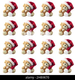 Christmas rat in a red Santa hat and ribbon bow seamless pattern. New Year toys on white background isolated. Greeting card. Soft toy, cute animals wa Stock Photo