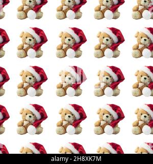 Christmas rat in a red Santa hat and ribbon bow seamless pattern. New Year toys on white background isolated. Greeting card. Soft toy, cute animals wa Stock Photo