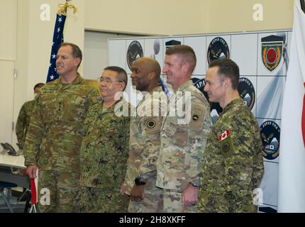 Zama, Japan. 02nd Dec, 2021. (L-R)Australian army Col. Corey Shillabeer, U.S.-Japan Bilateral Coordination Department director, Maj. Gen. Tatsuo Tarumi, U.S. Army?Corps commander, Lt. Gen. Xavier T Brunson, U.S. Army Japan commander, Maj. Gen. JB Vowell, and Brig. Gen. Cayle Oberwarth, I Corps deputy commanding general for operations pose for camera during the opening ceremony of U.S.-Japan bilateral and joint command post exercise 'Yama Sakura 81' at Camp Zama in Kanagawa-Prefecture, Japan on December 2, 2021. Photo by Keizo Mori/UPI Credit: UPI/Alamy Live News Stock Photo