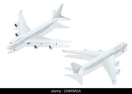 Isometric Airplanes on Blue Background. Industrial Blueprint of Airplane. Airbus Industries Airplane B-747 super jumbo large wide body passenger Stock Vector