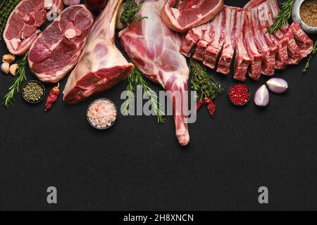 Assortment of various raw lamb cut parts with copy space Stock Photo