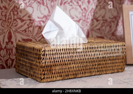 A handkerchief box made out of a weaved grass, sitting in a room on a shelf with pretty pink wallpaper behind Stock Photo