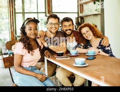 woman friendship fun friend cafe smiling lifestyle happy drink man people cheerful laughing coffee Stock Photo