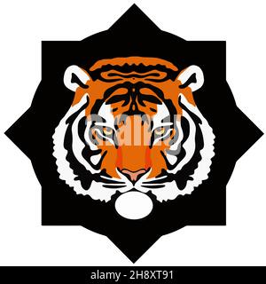 illustration of a tiger or a wild cat with huge claws and fangs. A bloodthirsty predator before hunting a victim. An idea for a tattoo Stock Photo