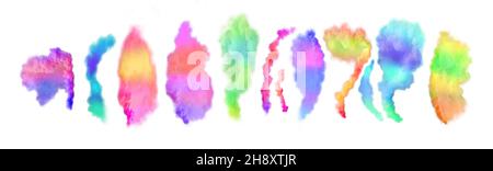 Rainbow smoke design set.  Explosion of colored smoke cloud set. Rainbow smoke isolated on white background. Stock Photo