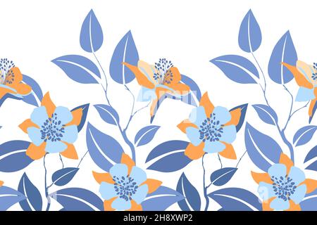 Vector floral seamless pattern, border. Horizontal panoramic design with blue-orange flowers and leaves. Stock Vector