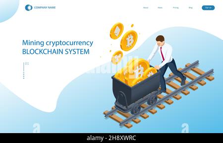 Isometric Cryptomining farm concept. Cryptocurrency Mining Equipment. Mining cryptocurrency Coin Using GPU Card Stock Vector