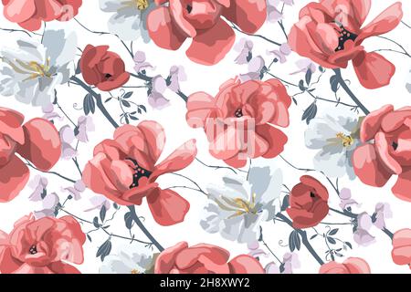 Vector floral seamless pattern. Beautiful gray-white and red flowers on a white background. Stock Vector