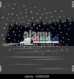 Merry Christmas and Happy New Year. A modern American truck with a semi-trailer is carrying Christmas balls for a holiday at night in a snowfall. Stock Vector