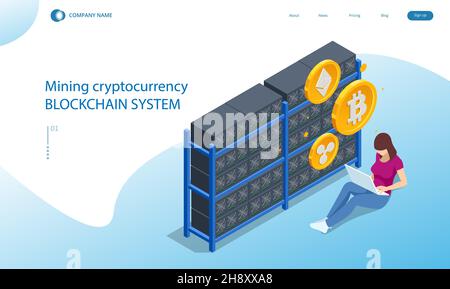Isometric Cryptomining farm concept. Cryptocurrency Mining Equipment. Mining cryptocurrency Coin Using GPU Card Stock Vector