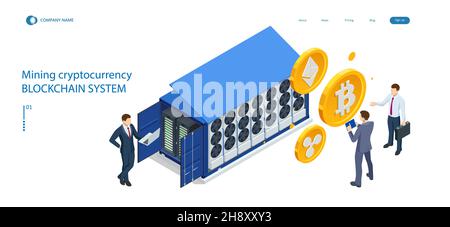 Isometric Cryptomining farm concept. Cryptocurrency Mining Equipment. Mining cryptocurrency Coin Using GPU Card Stock Vector