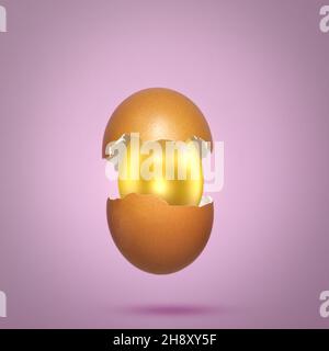 Egg shell broken into halves with a golden egg inside. Order surprise. Creative Easter egg surprise concept. Stock Photo