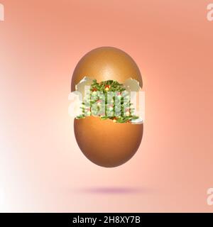 Egg shell broken into halves with a Christmas tree inside. Egg surprise concept. Stock Photo