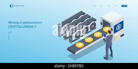 Isometric Cryptomining farm concept. Cryptocurrency Mining Equipment. Mining cryptocurrency Coin Using GPU Card Stock Vector
