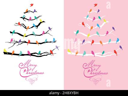 Christmas card with tree and colorful birds, vector illustration Stock Vector