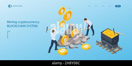 Isometric Cryptomining farm concept. Cryptocurrency Mining Equipment. Mining cryptocurrency Coin Using GPU Card Stock Vector