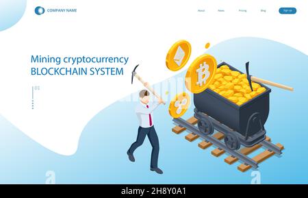 Isometric Cryptomining farm concept. Cryptocurrency Mining Equipment. Mining cryptocurrency Coin Using GPU Card Stock Vector