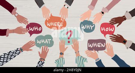 Hands of business people on desk with speech bubble with text -Who What Where When Why How- and question mark symbol. Investigate and resolve question Stock Vector