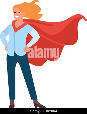 Standing woman in waving cape. Strong superhero character. Girl power concept. Vector illustration Stock Vector