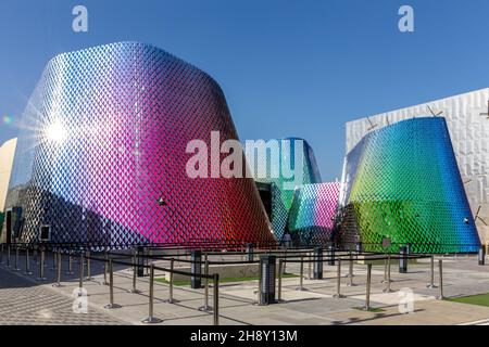 Dubai, UAE, 15.11.2021. Pakistan Pavilion at Expo 2020 Dubai, colorful shiny glass modern building with glass tiles facade. Stock Photo