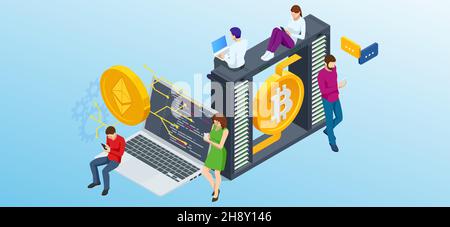 Isometric Cryptomining farm concept. Cryptocurrency Mining Equipment. Mining cryptocurrency Coin Using GPU Card Stock Vector
