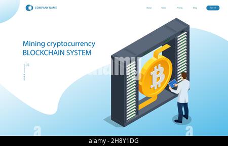 Isometric Cryptomining farm concept. Cryptocurrency Mining Equipment. Mining cryptocurrency Coin Using GPU Card Stock Vector
