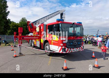 A Swindon Fire Brigade Mercedes Benz Econic Rosenbauer Metz B32 Aerial Appliance at the Cotswold Airport 2018 Emergency Services Show, Gloucestershire Stock Photo